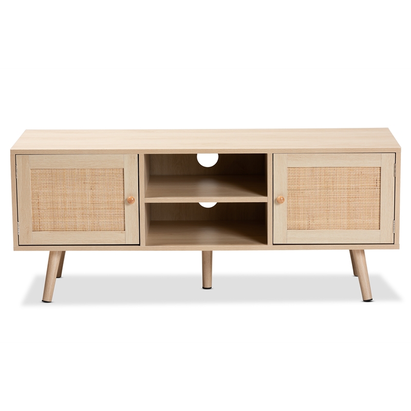 Baxton Studio Sebille Light Brown  Wood 2-Door TV Stand with Natural Rattan