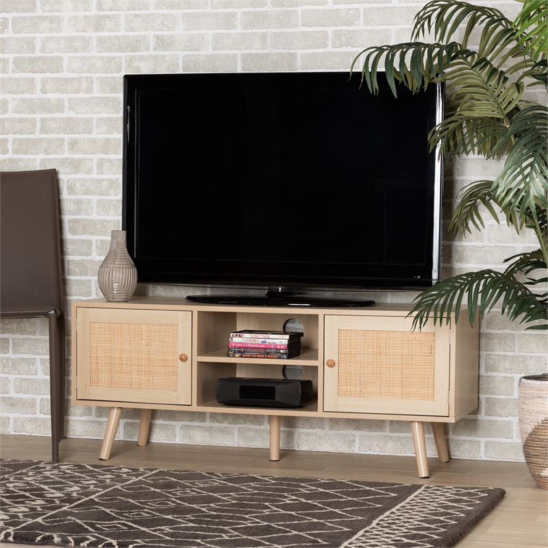 Baxton Studio Sebille Light Brown  Wood 2-Door TV Stand with Natural Rattan