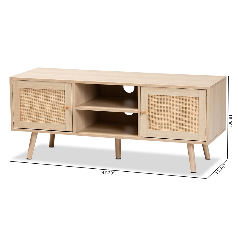 Baxton Studio Sebille Light Brown  Wood 2-Door TV Stand with Natural Rattan