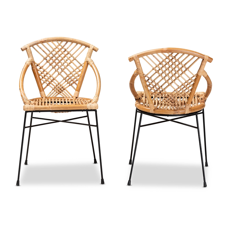 Baxton Studio Pro Modern  Brown Rattan and Black Metal 2-Piece Dining Chair Set