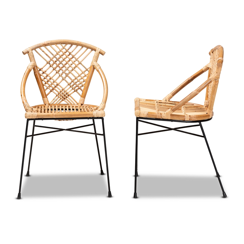 Baxton Studio Pro Modern  Brown Rattan and Black Metal 2-Piece Dining Chair Set