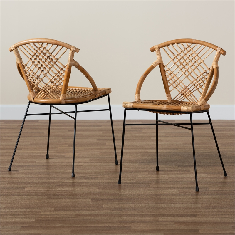Baxton Studio Pro Modern  Brown Rattan and Black Metal 2-Piece Dining Chair Set