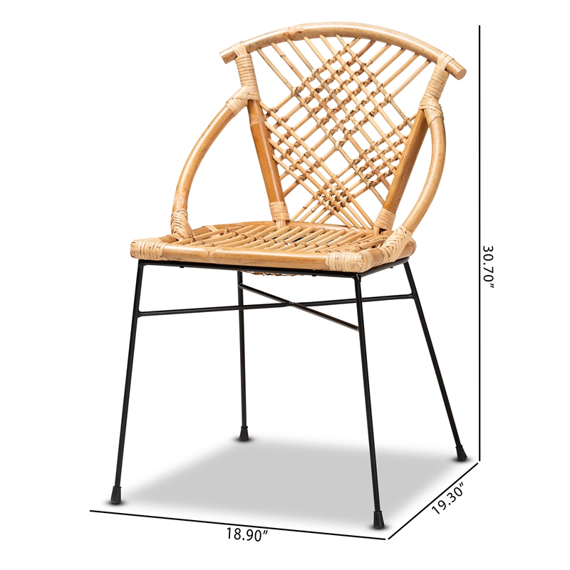Baxton Studio Pro Modern  Brown Rattan and Black Metal 2-Piece Dining Chair Set