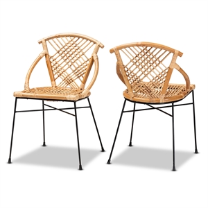 Baxton Studio Pro Modern  Brown Rattan and Black Metal 2-Piece Dining Chair Set