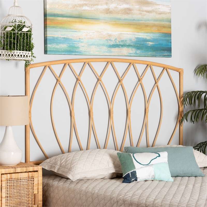 Baxton Studio Halia Modern Bohemian Brown Rattan Queen Size Wall-mount Headboard
