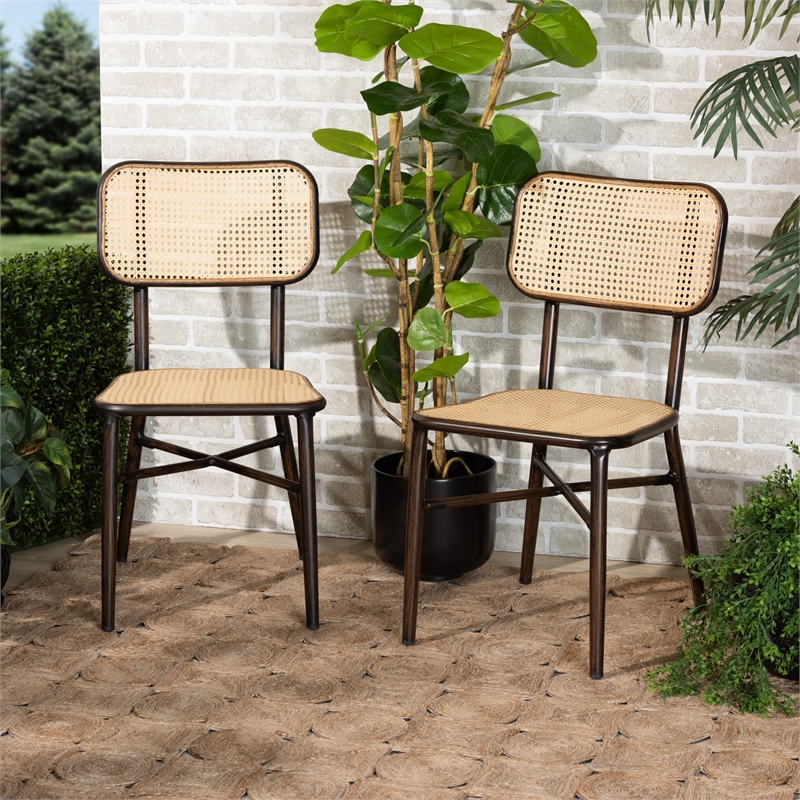 Baxton Studio Katina Brown  Metal and Rattan 2-Piece Outdoor Dining Chair Set