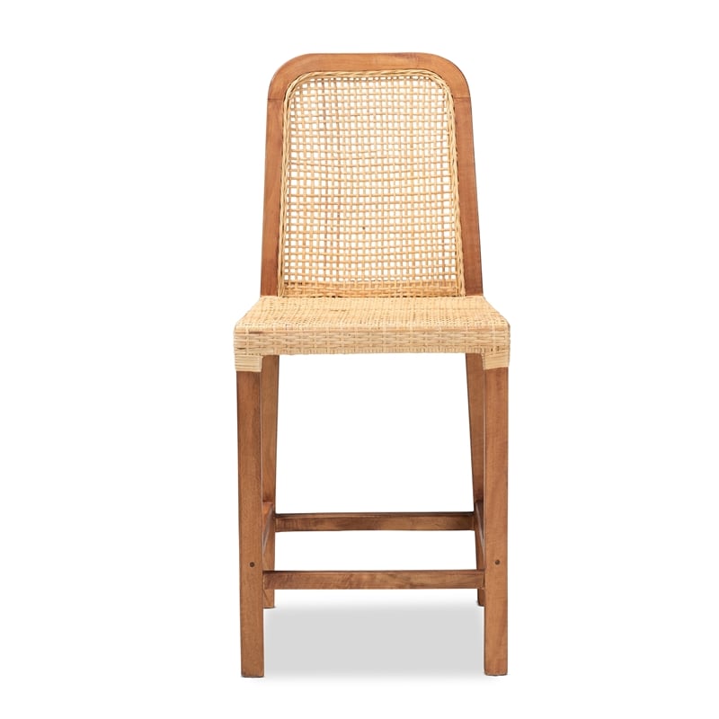 Baxton Studio Caspia Walnut Brown Finished Wood and Natural Rattan Counter Stool