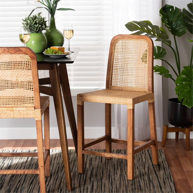 Baxton Studio Caspia Walnut Brown Finished Wood and Natural Rattan Counter Stool