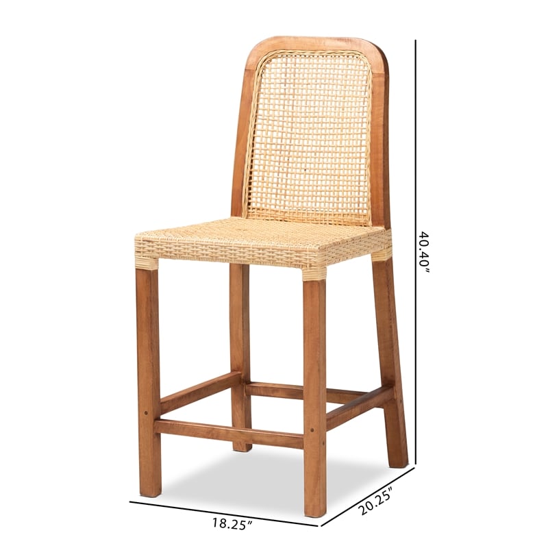 Baxton Studio Caspia Walnut Brown Finished Wood and Natural Rattan Counter Stool