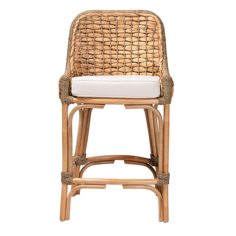 Baxton Studio Kyle Natural Brown Woven Rattan Counter Stool with Cushion