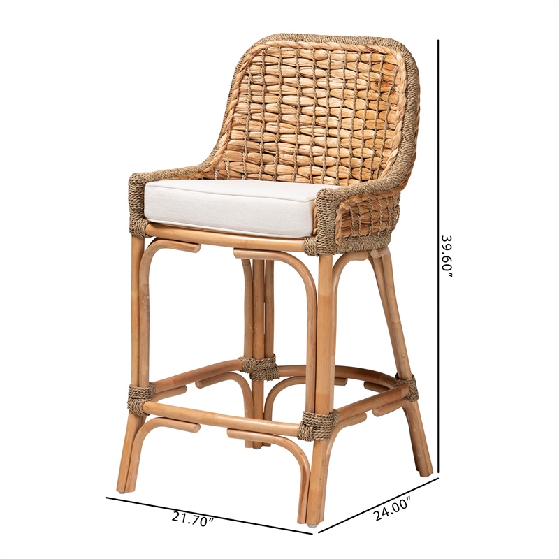 Baxton Studio Kyle Natural Brown Woven Rattan Counter Stool with Cushion