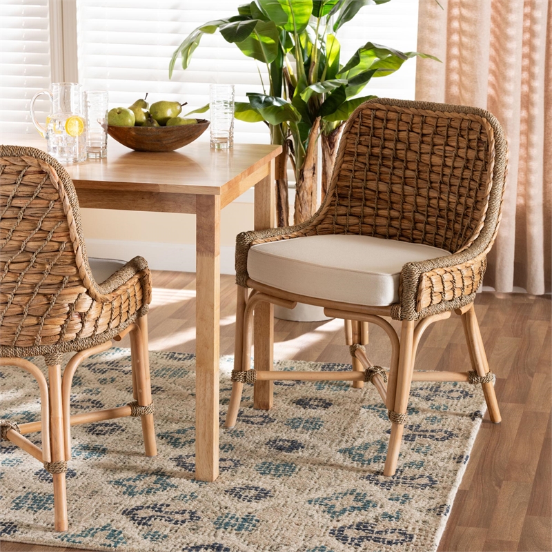 Baxton Studio Kyle Natural Brown Woven Rattan Dining Side Chair With Cushion