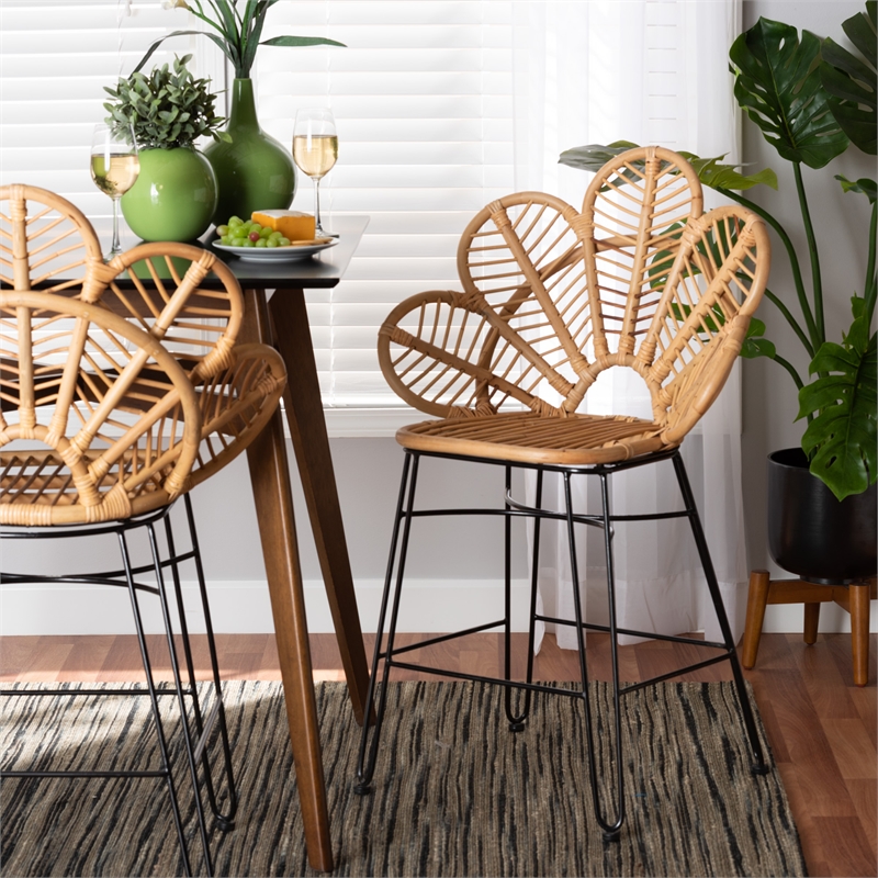 Baxton Studio Garan Natural Brown Rattan and Black Metal Counter Stool