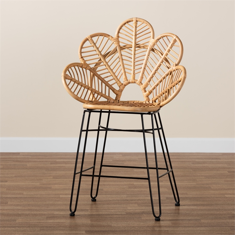 Baxton Studio Garan Natural Brown Rattan and Black Metal Counter Stool