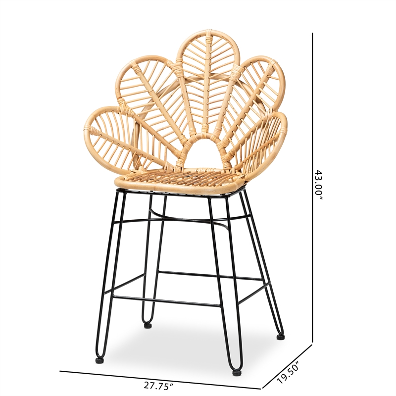 Baxton Studio Garan Natural Brown Rattan and Black Metal Counter Stool