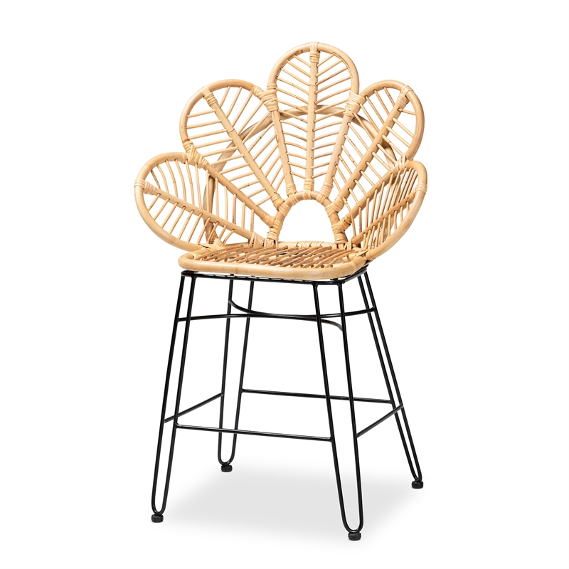 Baxton Studio Garan Natural Brown Rattan and Black Metal Counter Stool