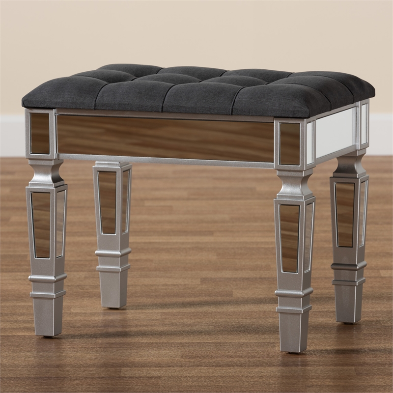 Baxton Studio Hedia Gray Fabric Upholstered and Silver Wood Ottoman