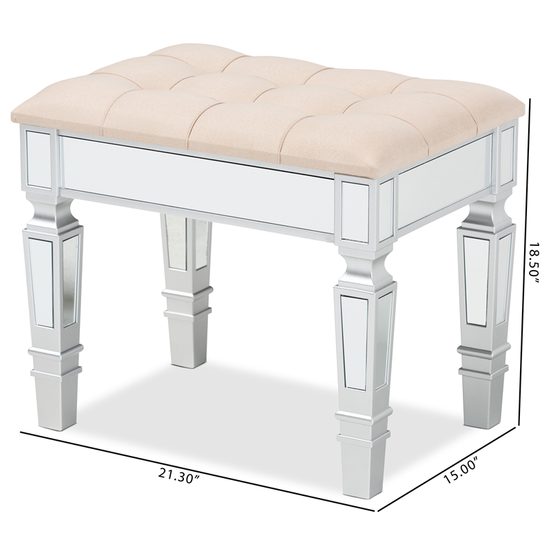 Baxton Studio Hedia Beige Fabric Upholstered and Silver Finished Wood Ottoman