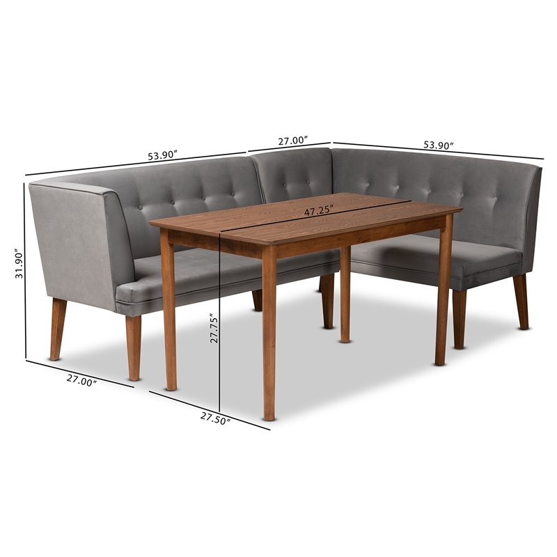 Baxton Studio Stewart Gray Velvet and Brown Wood 3-Piece Dining Nook Set