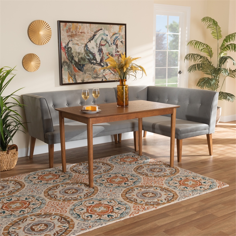 Baxton Studio Stewart Gray Velvet and Brown Wood 3-Piece Dining Nook Set