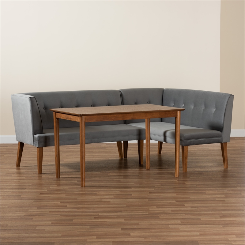 Baxton Studio Stewart Gray Velvet and Brown Wood 3-Piece Dining Nook Set