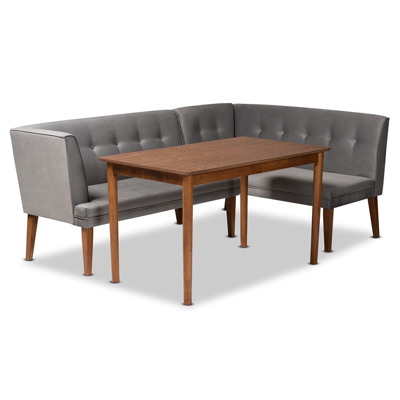 Baxton Studio Stewart Gray Velvet and Brown Wood 3-Piece Dining Nook Set