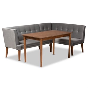 Baxton Studio Stewart Gray Velvet and Brown Wood 3-Piece Dining Nook Set