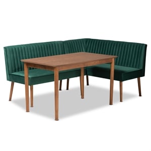 Baxton Studio Alvis Green Velvet and Brown Wood 3-Piece Dining Nook Set
