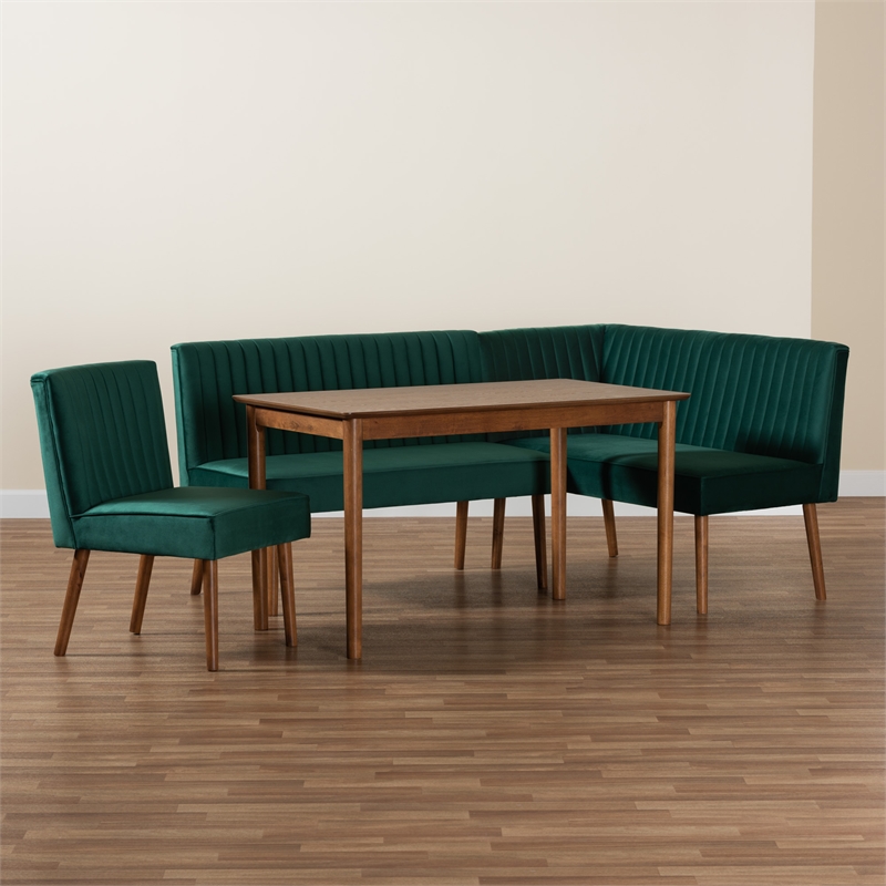 Baxton Studio Alvis Green Velvet and Brown Wood 4-Piece Dining Nook Set