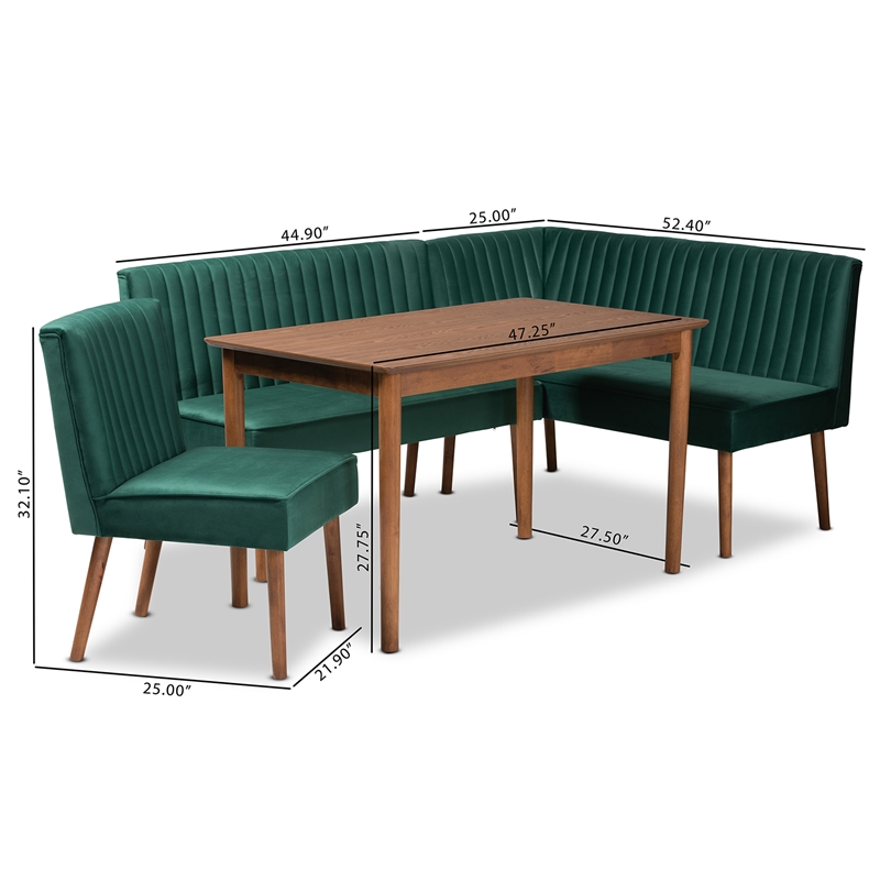 Baxton Studio Alvis Green Velvet and Brown Wood 4-Piece Dining Nook Set