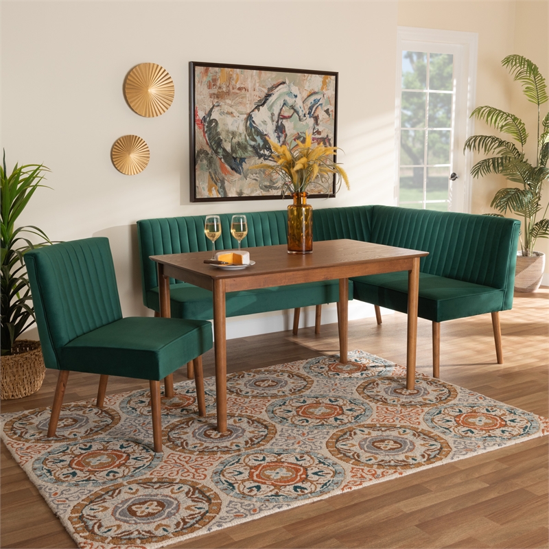 Baxton Studio Alvis Green Velvet and Brown Wood 4-Piece Dining Nook Set