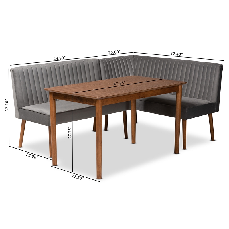 Baxton Studio Alvis Gray Velvet and Brown Wood 3-Piece Dining Nook Set