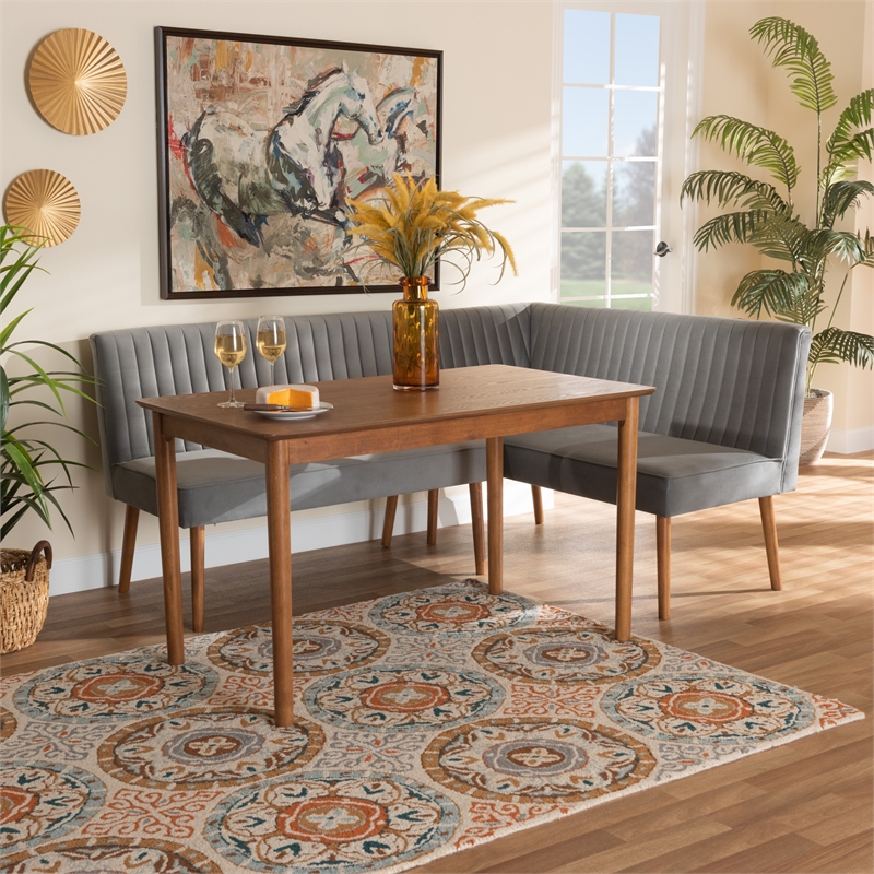 Baxton Studio Alvis Gray Velvet and Brown Wood 3-Piece Dining Nook Set