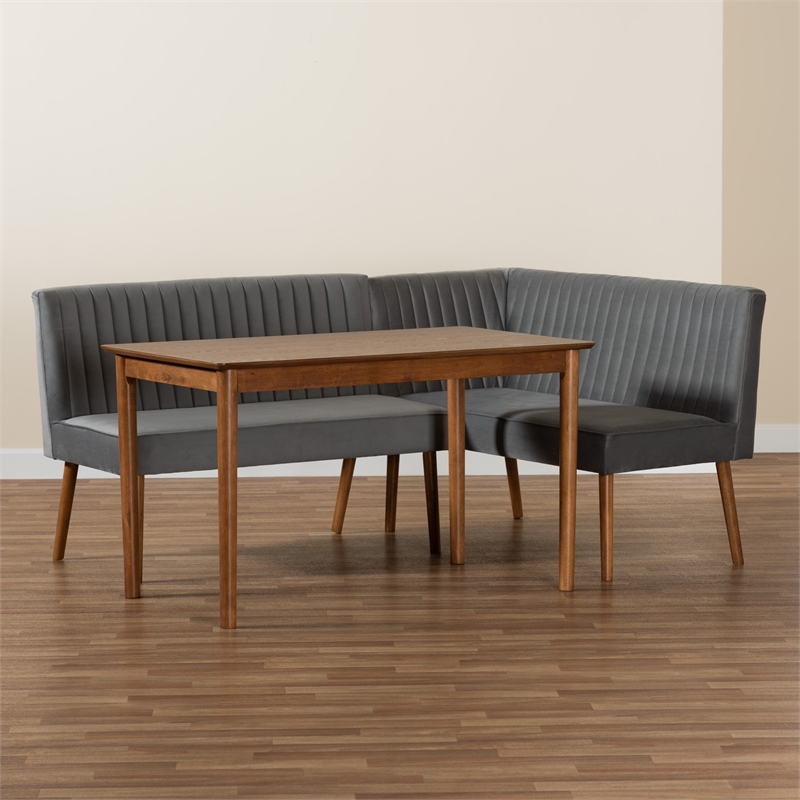 Baxton Studio Alvis Gray Velvet and Brown Wood 3-Piece Dining Nook Set