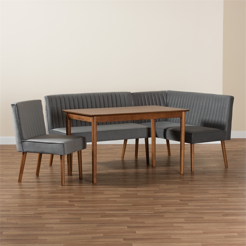 Baxton Studio Alvis Gray Velvet and Brown Wood 4-Piece Dining Nook Set