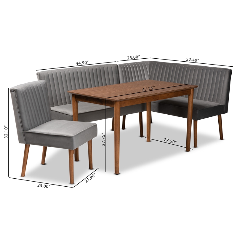 Baxton Studio Alvis Gray Velvet and Brown Wood 4-Piece Dining Nook Set