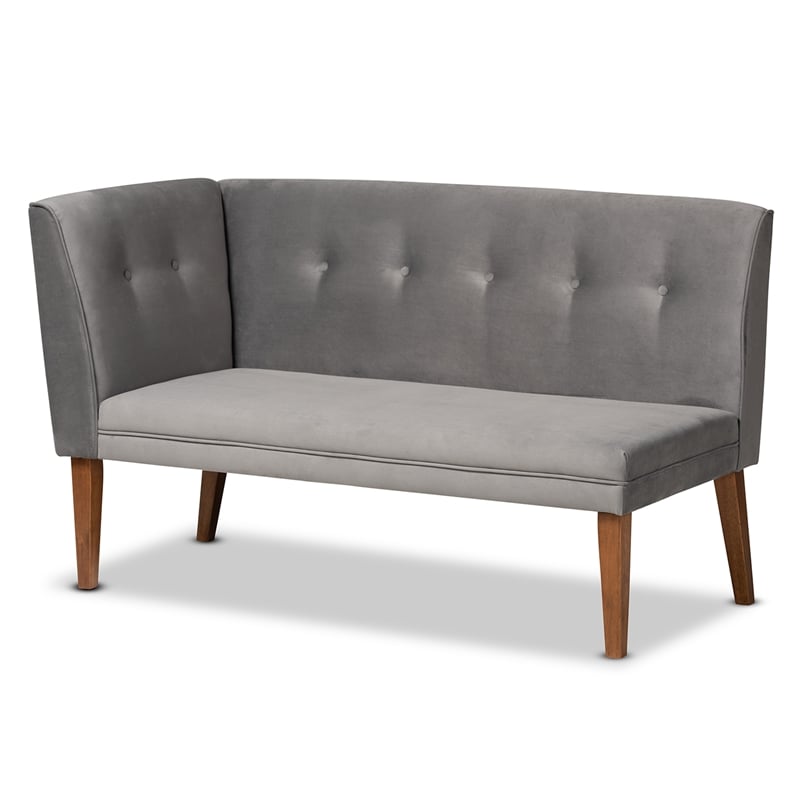 Baxton Studio Stewart Gray Velvet and Brown Wood 2-Piece Dining Nook Set