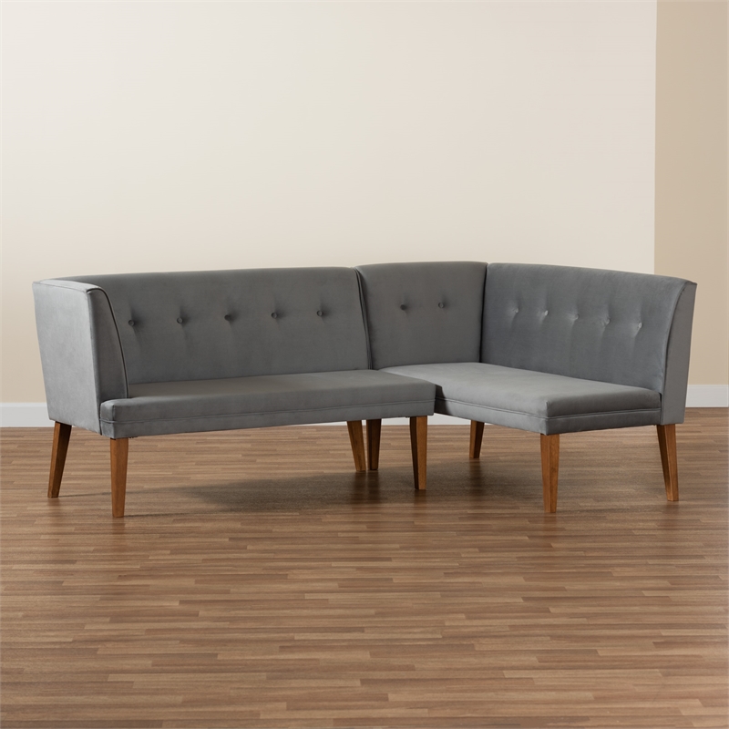 Baxton Studio Stewart Gray Velvet and Brown Wood 2-Piece Dining Nook Set