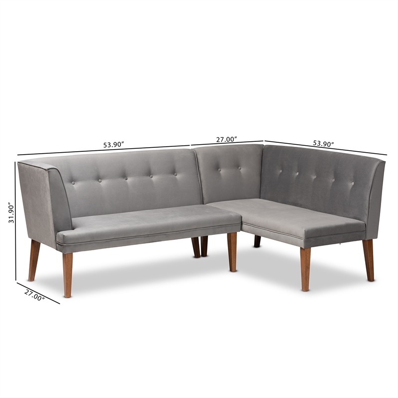 Baxton Studio Stewart Gray Velvet and Brown Wood 2-Piece Dining Nook Set