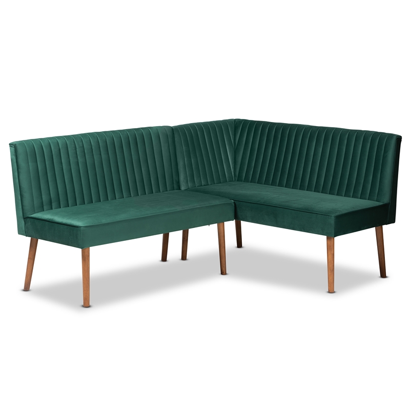 Baxton Studio Alvis Green Velvet and Brown Wood 2-Piece Dining Nook Set