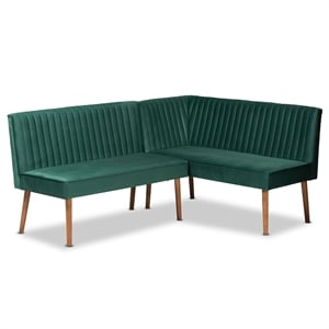 Baxton Studio Alvis Green Velvet and Brown Wood 2-Piece Dining Nook Set