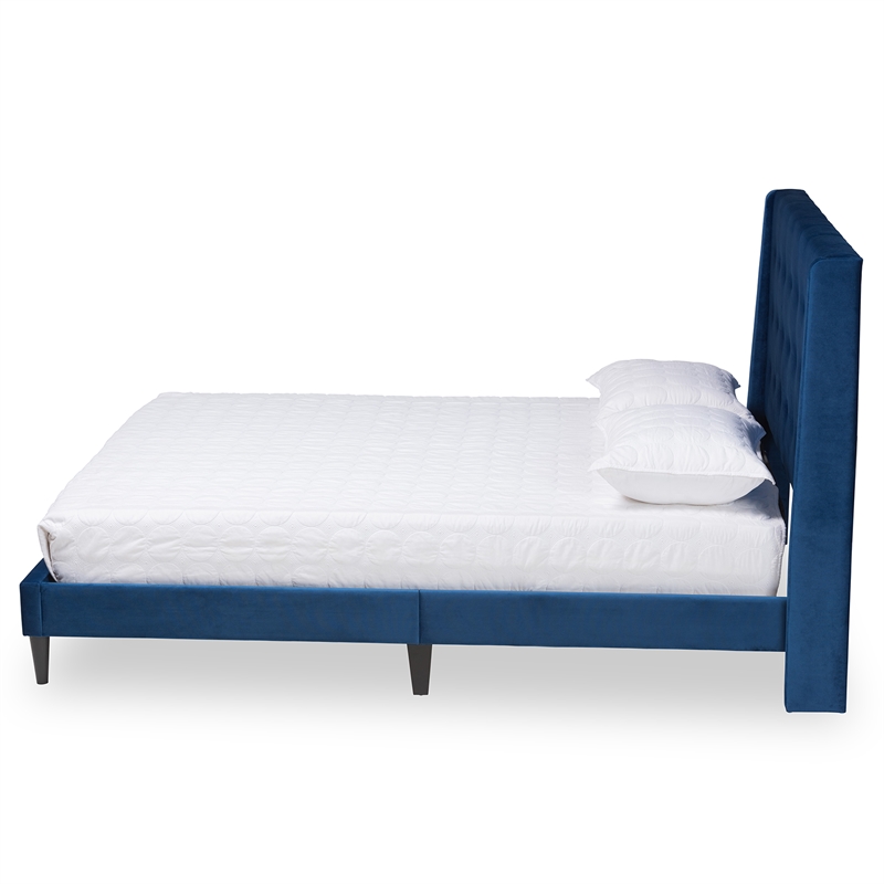 Baxton Studio Gothard Blue Velvet and Dark Brown Wood King Size Platform Bed