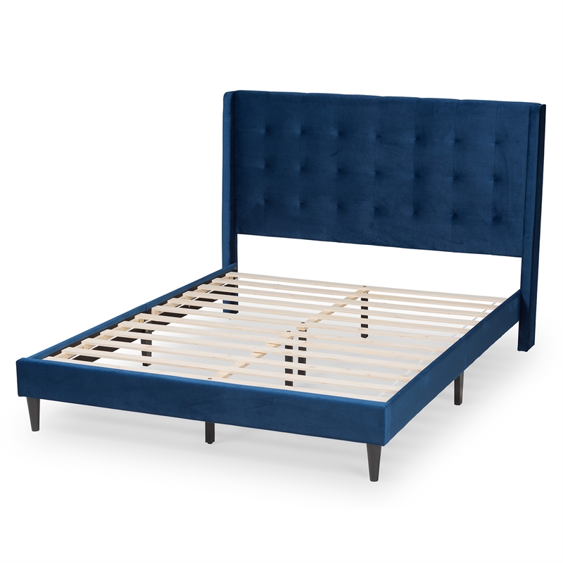 Baxton Studio Gothard Blue Velvet and Dark Brown Wood King Size Platform Bed