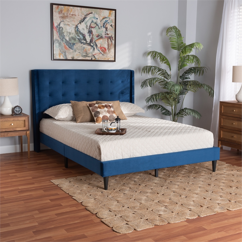 Baxton Studio Gothard Blue Velvet and Dark Brown Wood King Size Platform Bed