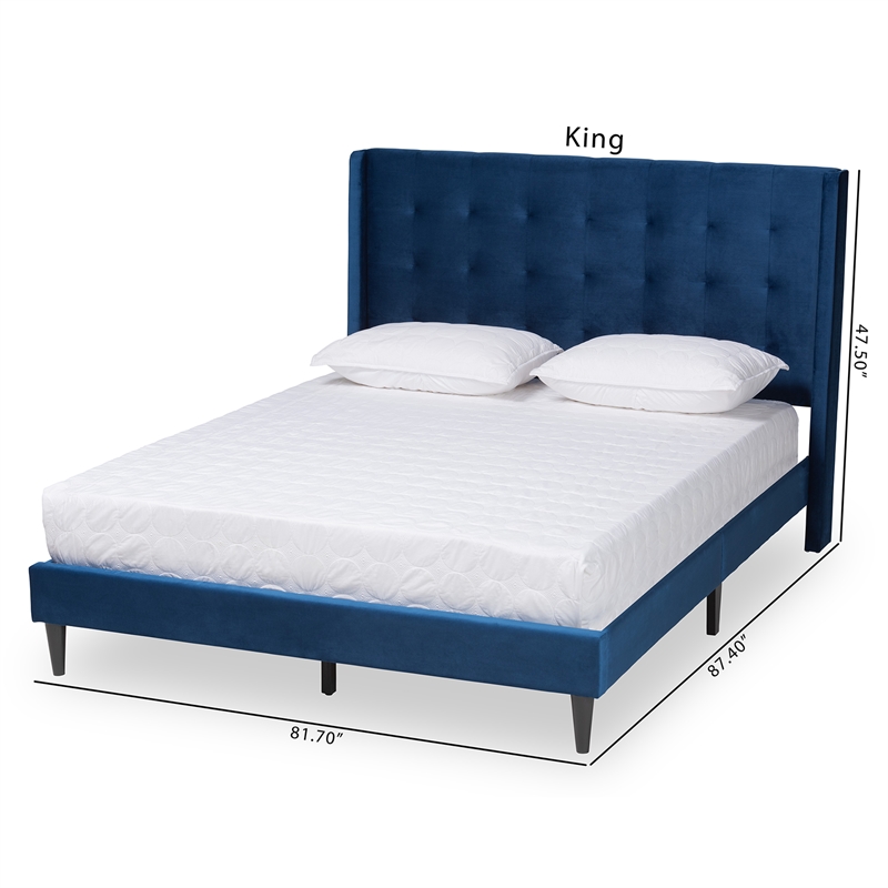 Baxton Studio Gothard Blue Velvet and Dark Brown Wood King Size Platform Bed