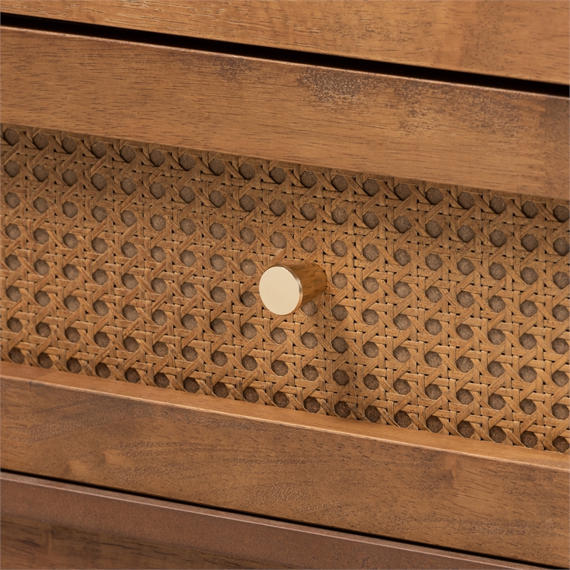 Baxton Studio Ramiel Ash Walnut Finished Wood and Rattan 6-Drawer Dresser