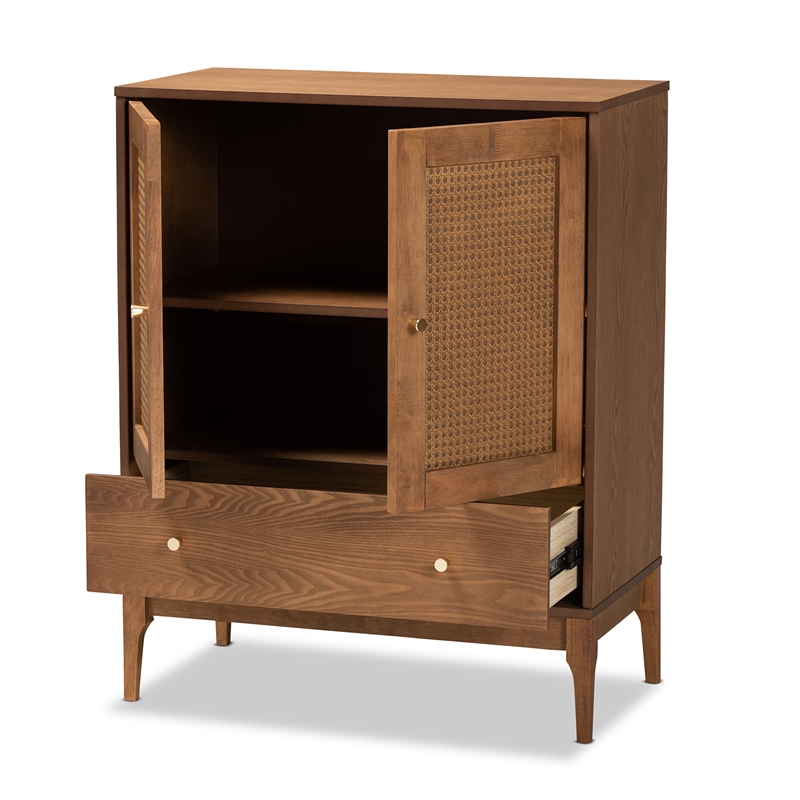 Baxton Studio Ramiel Ash Walnut Finished Wood and Rattan 1-Drawer Sideboard