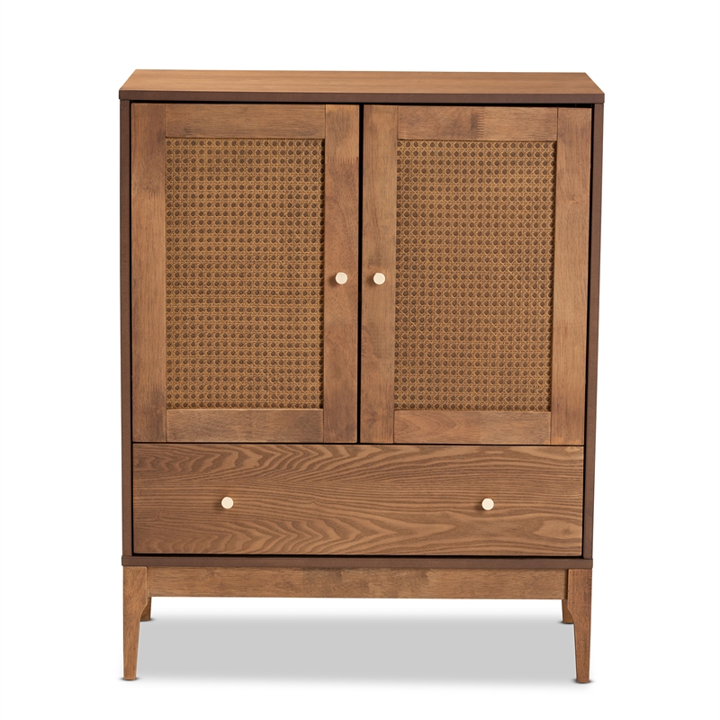 Baxton Studio Ramiel Ash Walnut Finished Wood and Rattan 1-Drawer Sideboard