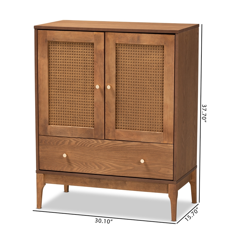 Baxton Studio Ramiel Ash Walnut Finished Wood and Rattan 1-Drawer Sideboard