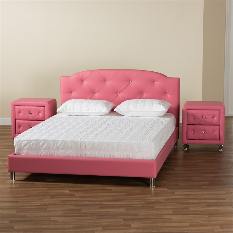 Baxton Studio Canterbury Pink Faux Leather Upholstered Queen Size Bedroom Set